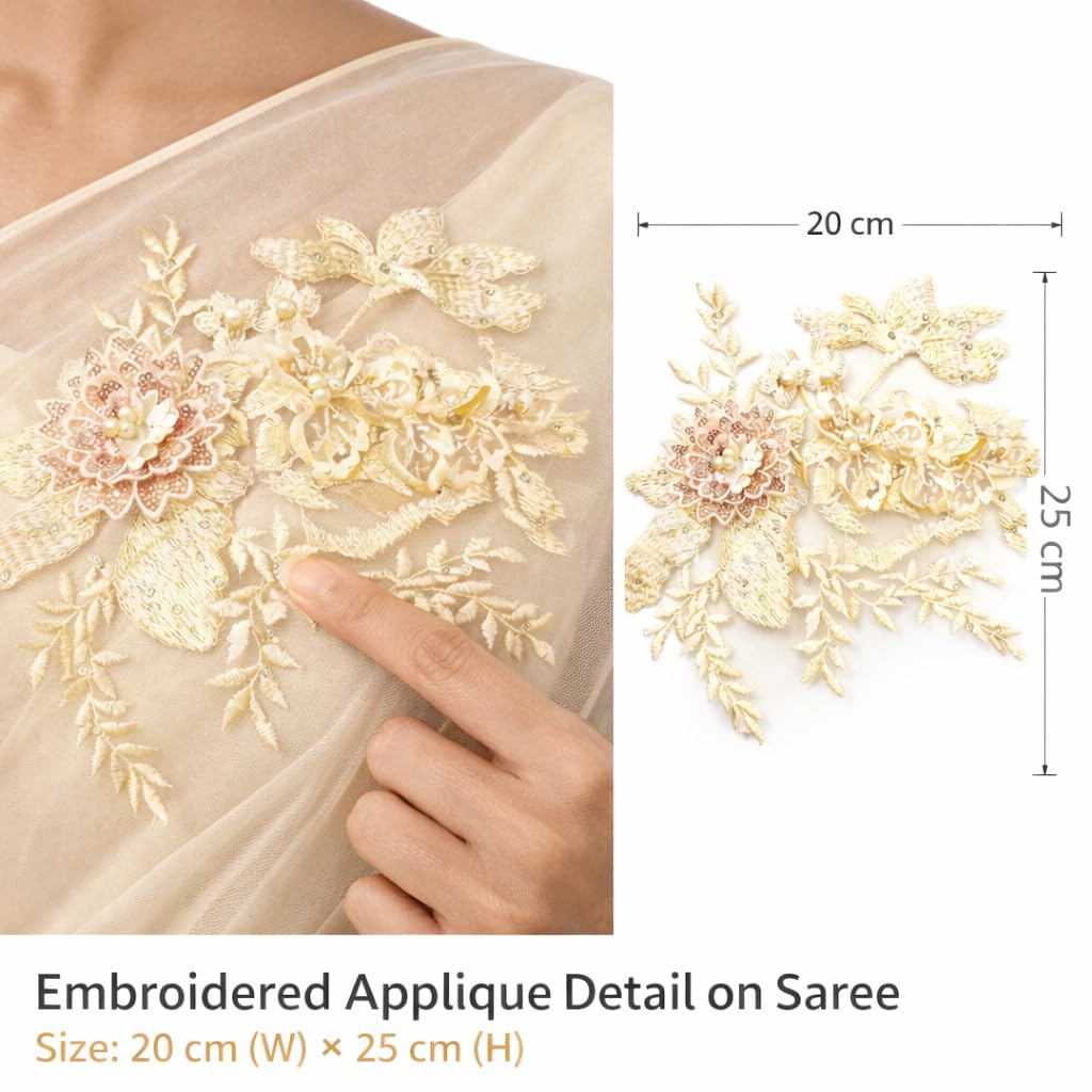 S.A.V.I Ivory Gold Floral Embroidered Appliqué Patch 20 x 25 cm, 3D Flower Net Lace Sew-On for Saree, Lehenga, Blouse, Gown & Anarkali Dress (Yellow)