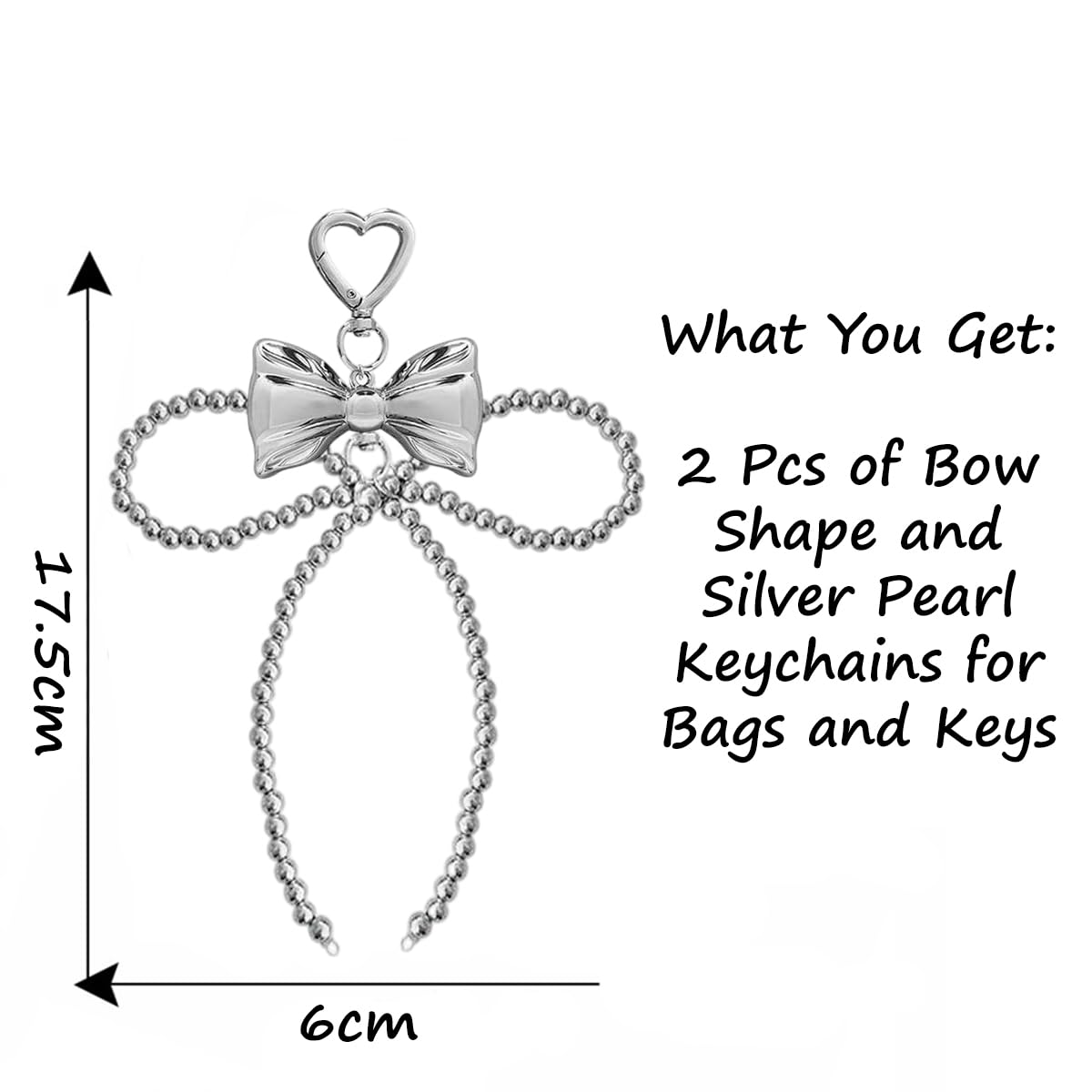 S.A.V.I Silver Bow Keychain with Beaded Chain for Bags and Keys, Set of 2, 17.5 x 6 cm Size, Heart Clasp, Chrome Finish, Big Bead Chain, Bag Charm
