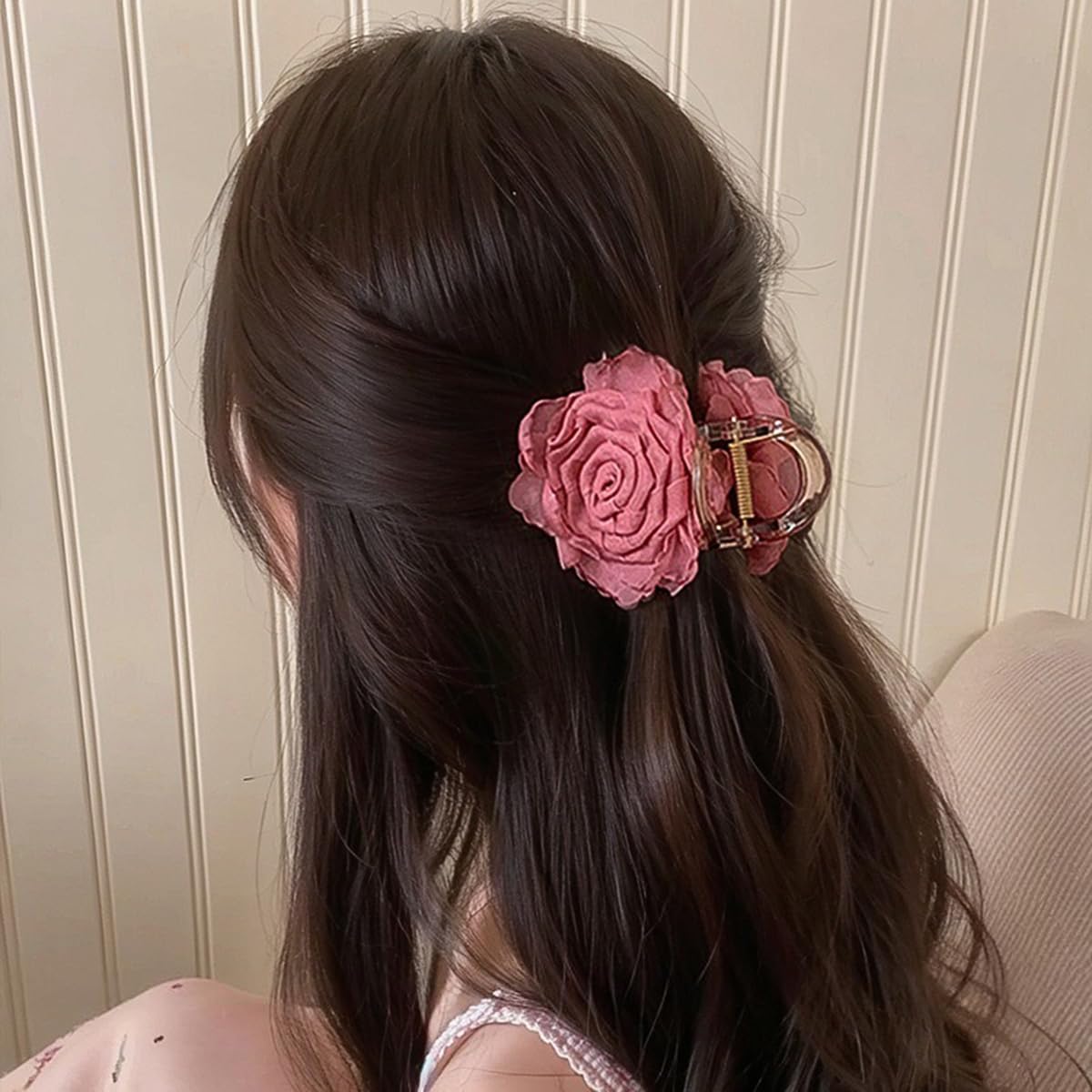 S.A.V.I Dark Pink Rose Hair Claw Clip for Women & Girls, 5 cm Small Floral Hair Clutch, Chiffon Fabric Flower Design, Stylish Hair Accessory for Daily, Party & Ethnic Look