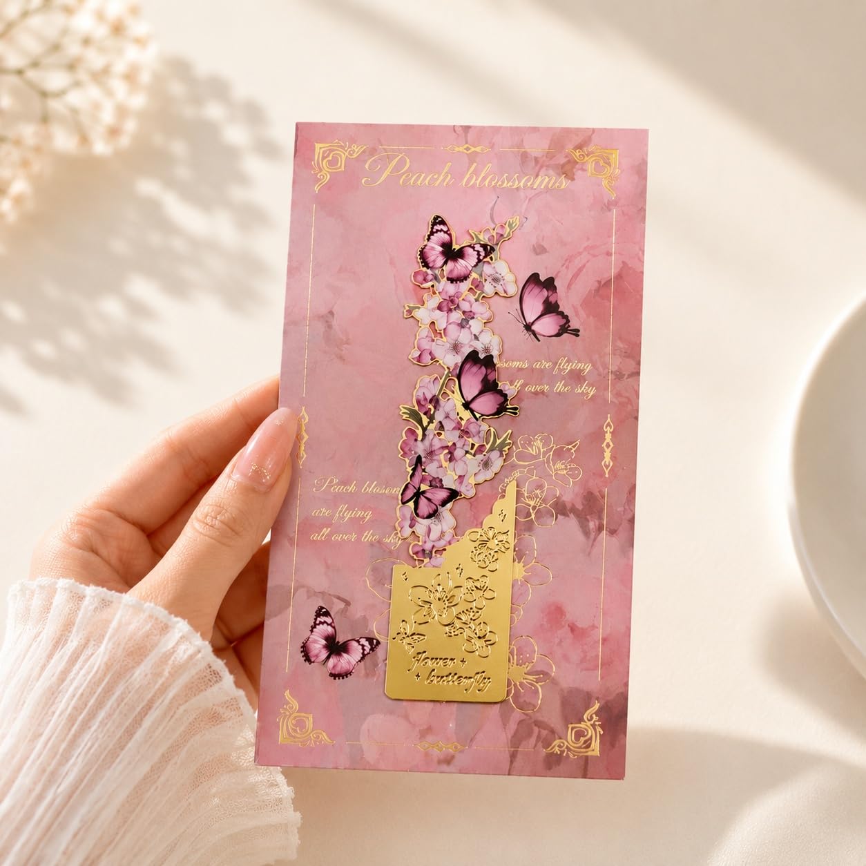 S.A.V.I Metal Bookmark Pink Gold Butterfly Floral Design, 10x3 cm | Durable Alloy, Page Holder, Reading Accessory, Peach Blossom Theme, For Women & Students