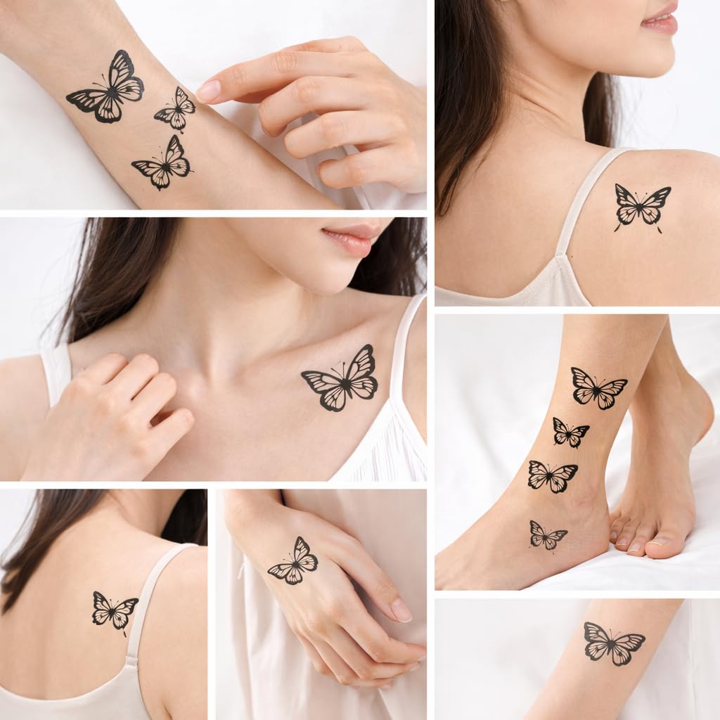 S.A.V.I 10 Sheets Black Butterfly Temporary Tattoo Stickers (6.8 x 12 cm) Realistic Floral Wing Designs | Waterproof, Safe & Non-Toxic | Long Lasting Body Art for Women & Girls (#322)