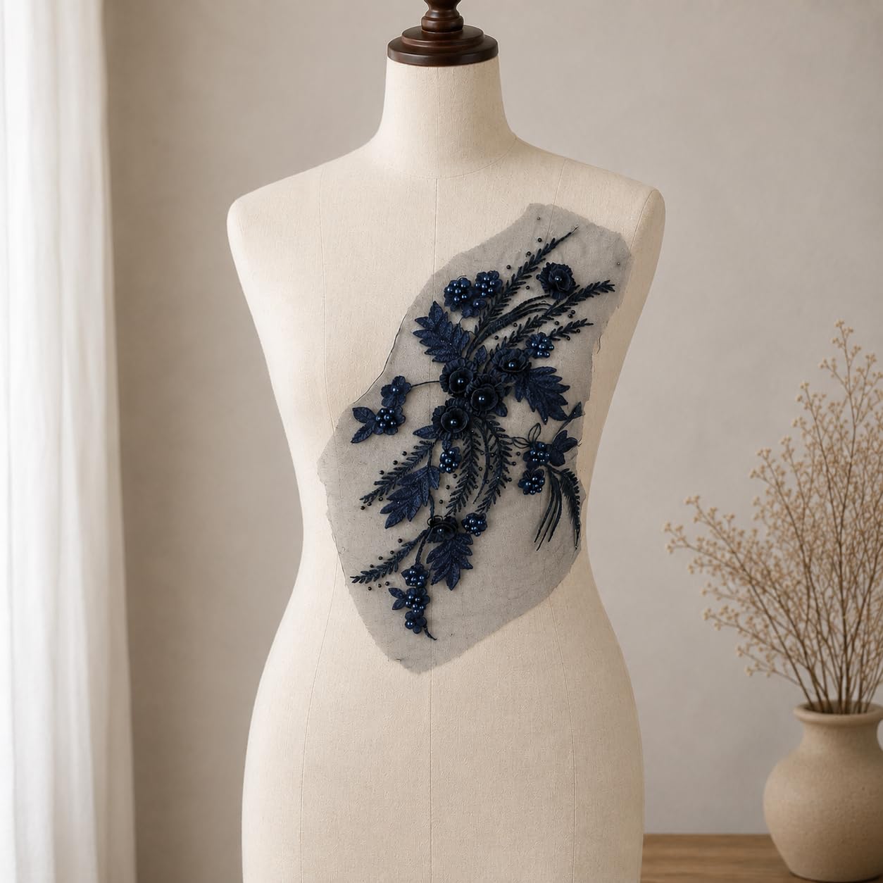 S.A.V.I Floral Embroidery Patch Sew-On Applique, Navy Blue|34 x 25 cm Lace Motif with 3D Pearls for Kurtis, Dresses, Blouses, DIY Craft & Garment Customization