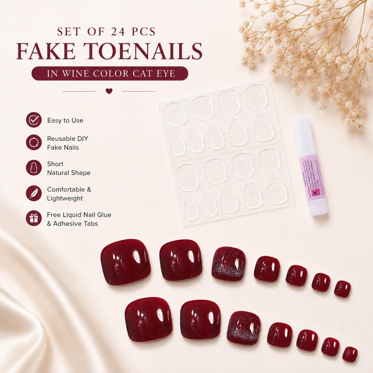 S.A.V.I Press on Toenails Wine Red Cat Eye 24 Pcs
