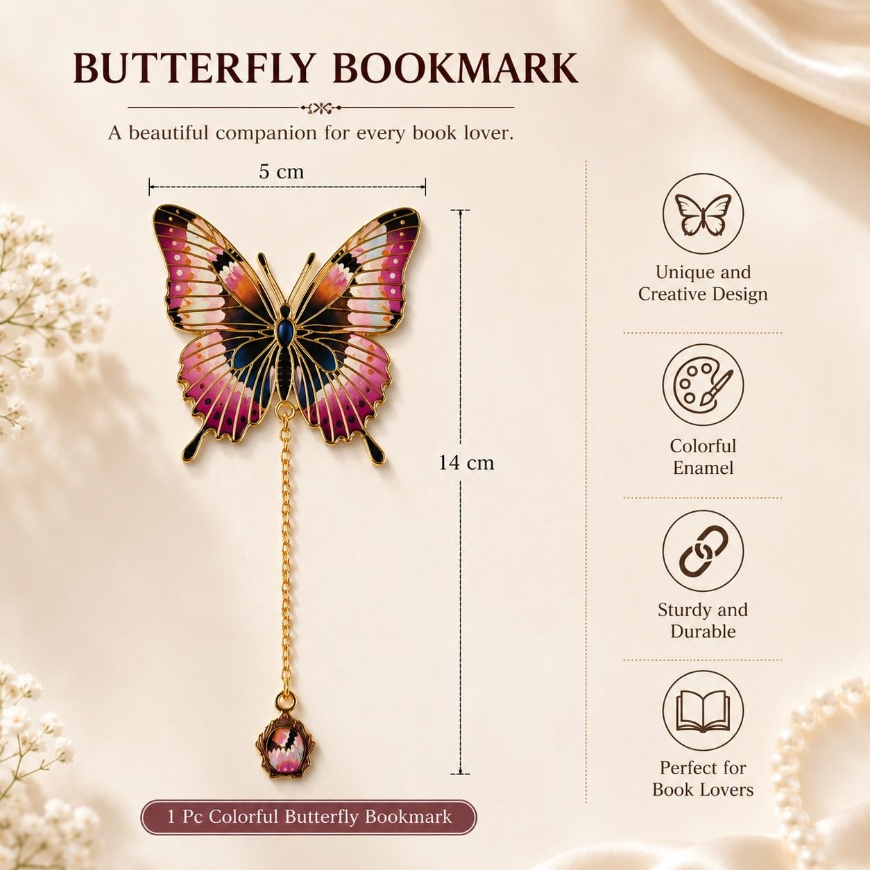 S.A.V.I Butterfly Metal Bookmark Pink & Gold Enamel, 5x14 cm | Colorful Enamel Finish, Gold Chain Tassel, Creative Design, For Women & Students, Reading Accessory