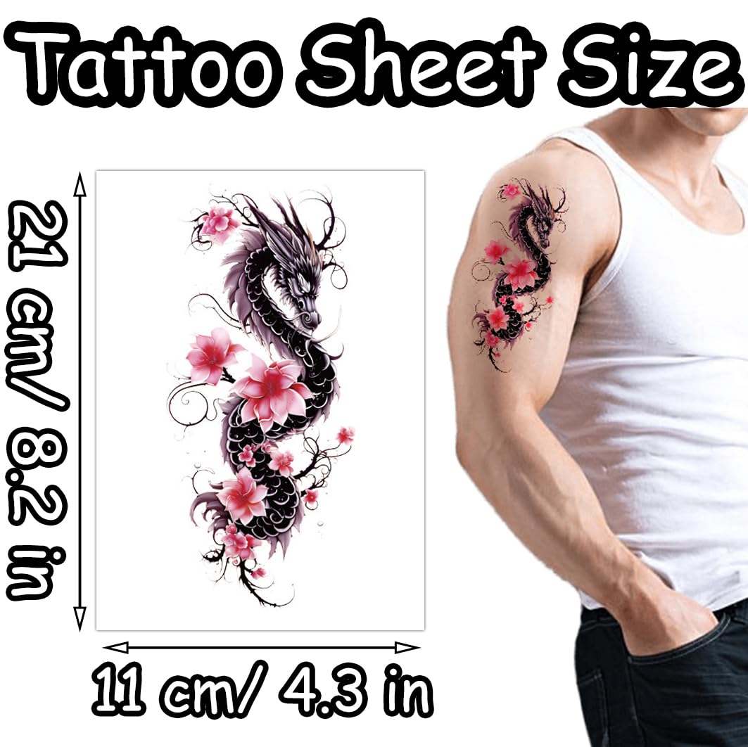 S.A.V.I 1 Pc Dragon Temporary Tattoo for Men & Women – 21x11cm Waterproof Body Art Sticker with Pink Floral Design – Non-Toxic, Easy to Apply & Remove – For Arm, Chest, Back Decoration
