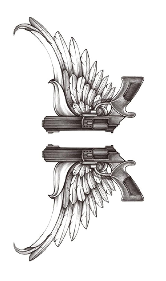 S.A.V.I Temporary Tattoo Stickers, 2 Guns with Wings Tattoo Pattern For Men, Women, Tattoo For Hand Arm, Size 21x11cm - 1Pc.