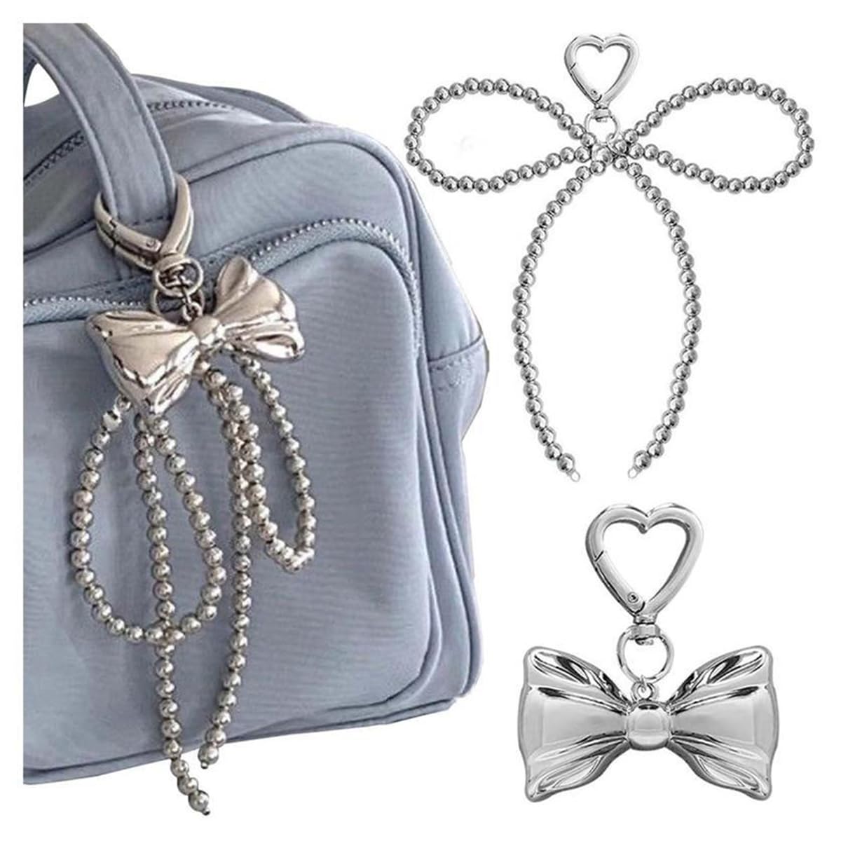 S.A.V.I Silver Bow Keychain with Beaded Chain for Bags and Keys, Set of 2, 17.5 x 6 cm Size, Heart Clasp, Chrome Finish, Big Bead Chain, Bag Charm