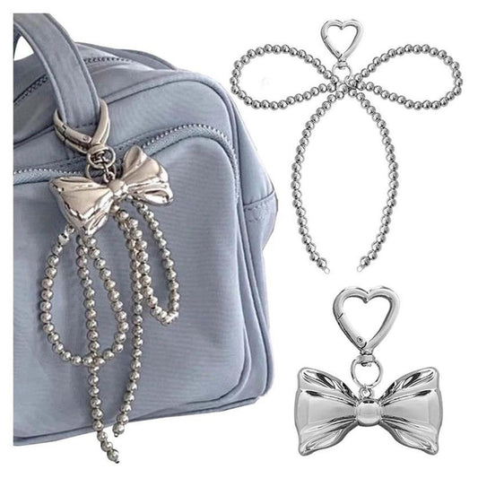 S.A.V.I Silver Bow Keychain with Beaded Chain for Bags and Keys, Set of 2, 17.5 x 6 cm Size, Heart Clasp, Chrome Finish, Big Bead Chain, Bag Charm