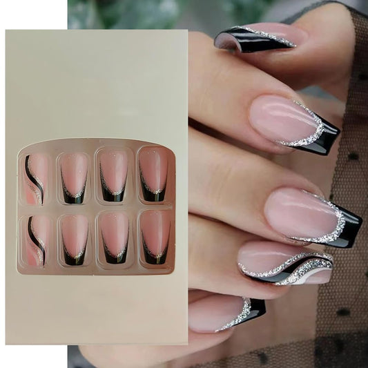 S.A.V.I 24Pc Nude  Black French Glitter Coffin Fake Nails - Manicure Press On with Adhesive  Glue