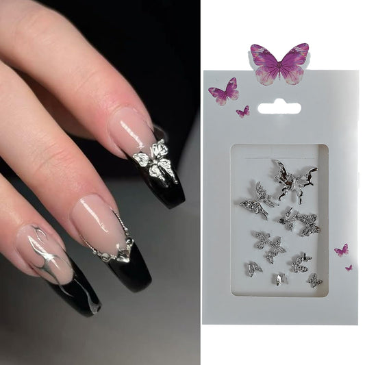 S.A.V.I 3D Silver Butterfly Nail Art Charms (10 Pcs) – Metallic Alloy Big & Small Butterfly Designs for DIY Acrylic & Gel Nails, Reusable Nail Jewelry Decoration Set