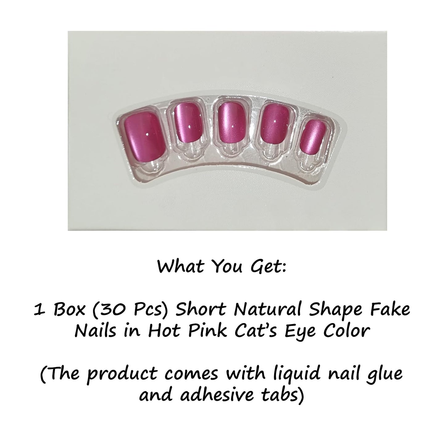 S.A.V.I 30 Pcs Hot Pink Cat Eye Press On Nails for Women, Short Length Natural Square, Glossy Reusable Artificial Nails with Glue & Adhesive Tabs, Salon Finish