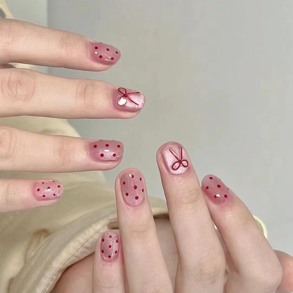 S.A.V.I Reusable Press-On Nails for Women, Short Natural Shape, Pink Cat Eye Finish with Red Polka Dots & Bow Design, Glossy ABS Manicure Set 30 Pcs with Glue & Adhesive Tabs