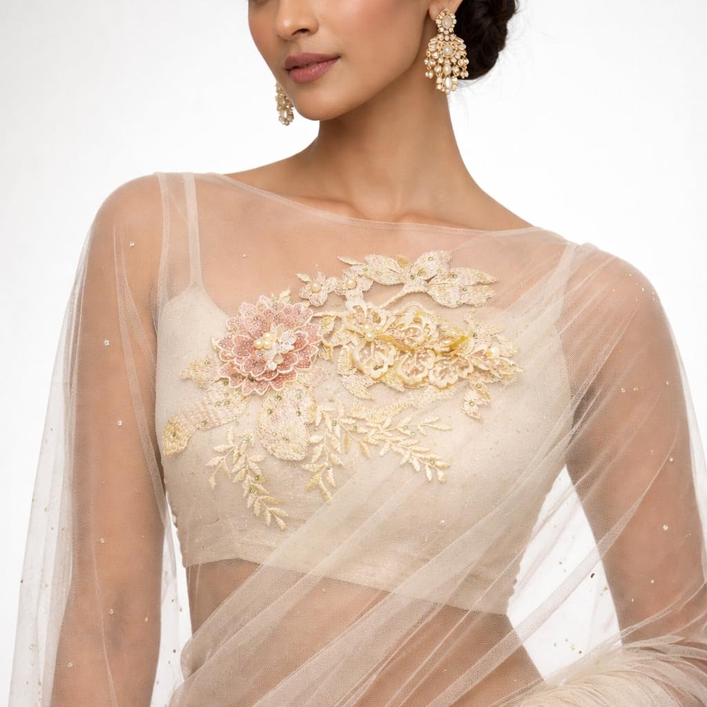 S.A.V.I Ivory Gold Floral Embroidered Appliqué Patch 20 x 25 cm, 3D Flower Net Lace Sew-On for Saree, Lehenga, Blouse, Gown & Anarkali Dress (Yellow)