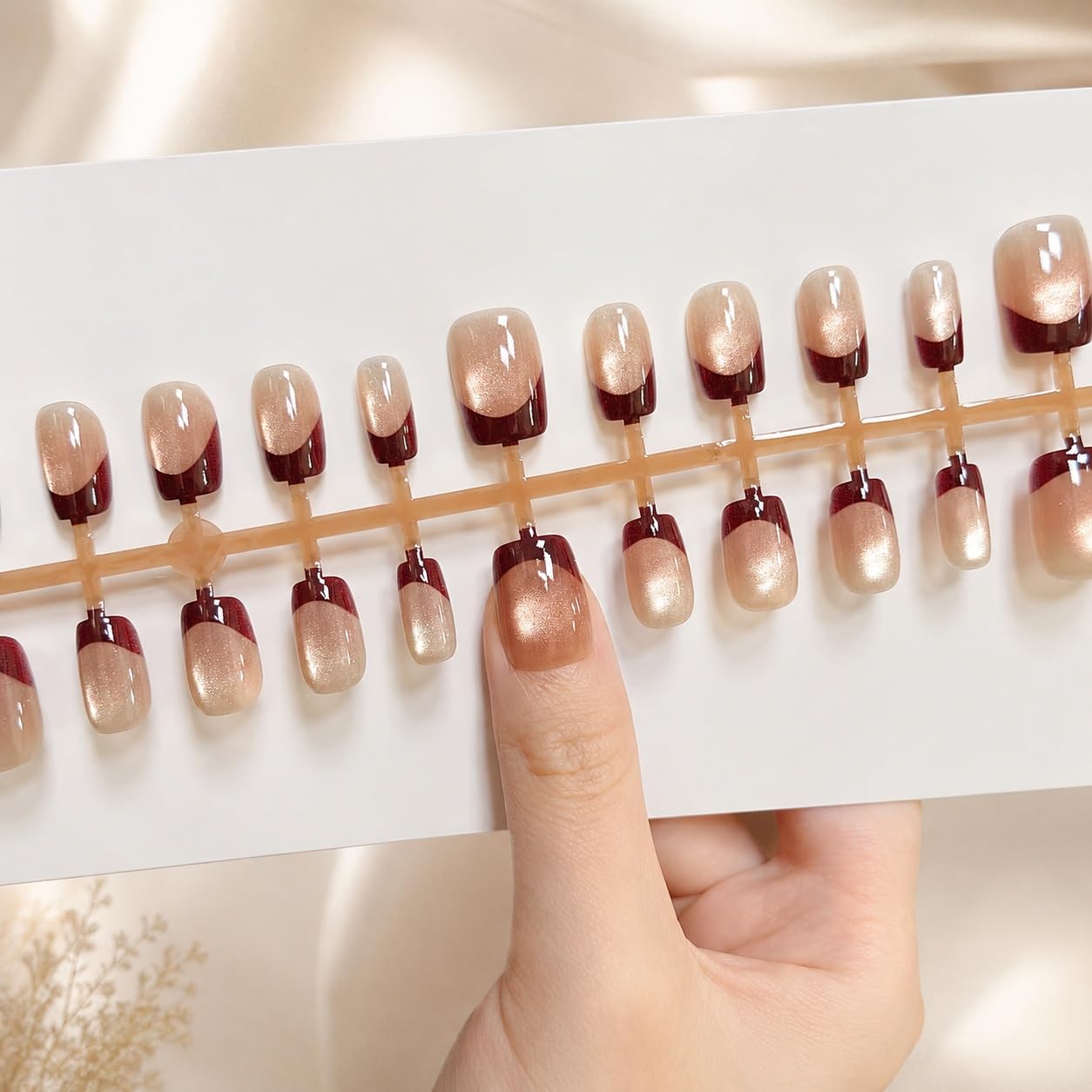S.A.V.I Press on Nails Dark Wine Cat Eye French Tip, 30 Pcs