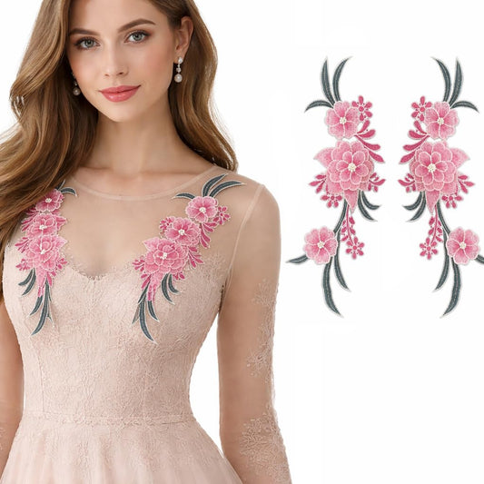 S.A.V.I Pair of Pink Floral Embroidered Sew-On Appliqué (12.5 x 33.5 cm) | Thread Embroidery on Net Fabric | Neckline Decorative Patches for Kurti, Gown, Blouse & Dresses (Pink)