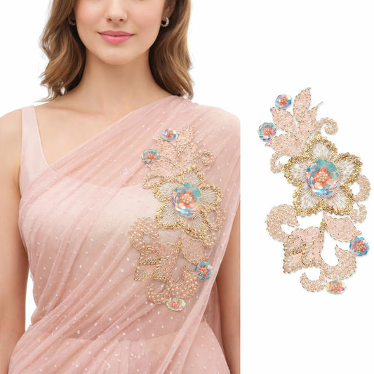 S.A.V.I Hand Embroidered Floral Sew-On Applique Patch (30 x 16 cm), Blush Peach & Gold Sequin Beaded Design for Saree, Kurti, Gown, Blouse & Craft Decoration
