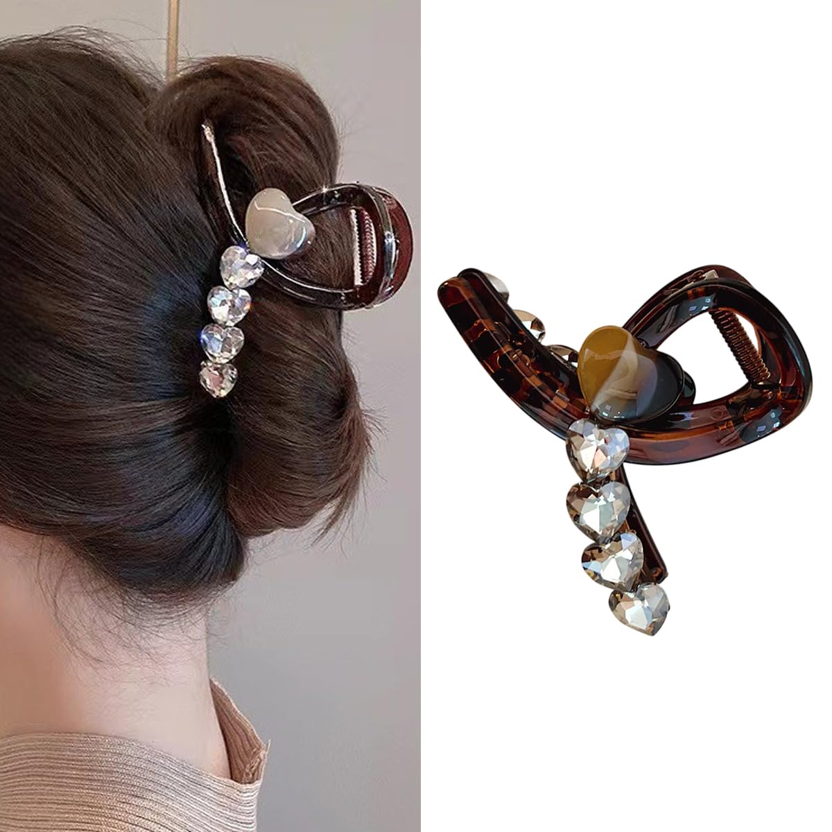 S.A.V.I Women’s Brown Crystal Heart Hair Claw Clip 8cm Premium Acrylic Tortoise Shell U-Shaped Hair Clutcher with Strong Grip for Stylish Daily & Party