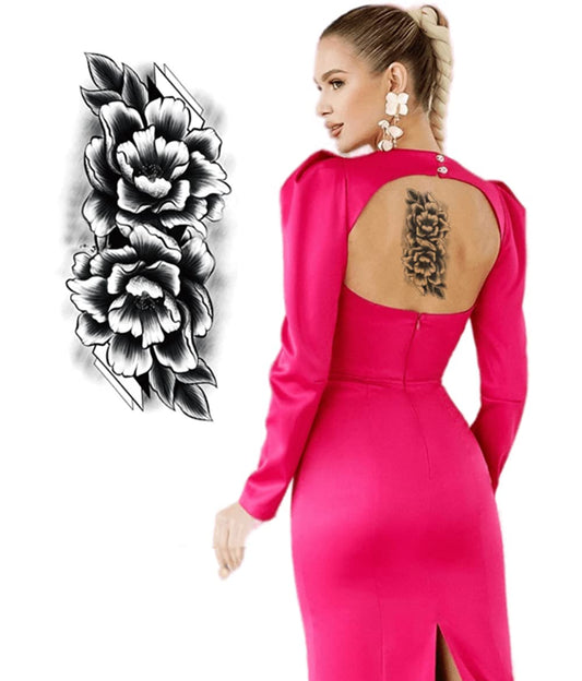 S.A.V.I Temporary Tattoo Stickers for Women, 2 Big Flowers, Black Color Fake Tattoos For Girls, Size -21x10CM