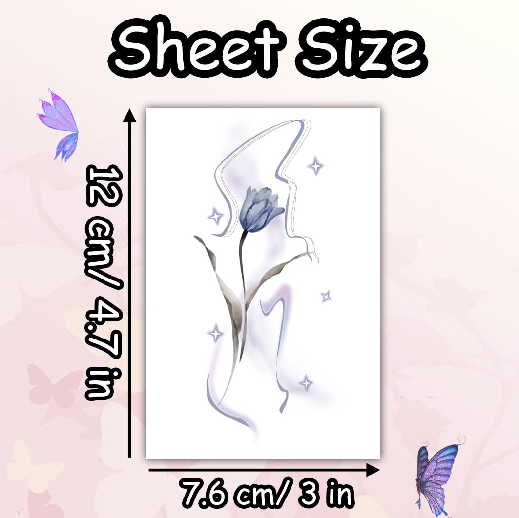 S.A.V.I Blue Tulip Floral & Female Silhouette Minimalist Line Art Waterproof Non-Toxic Temporary Tattoo Sticker Sheet 12 x 7.6 cm, Long-Lasting Removable Body Art Decal for Women & Girls, 1 Pc (45)