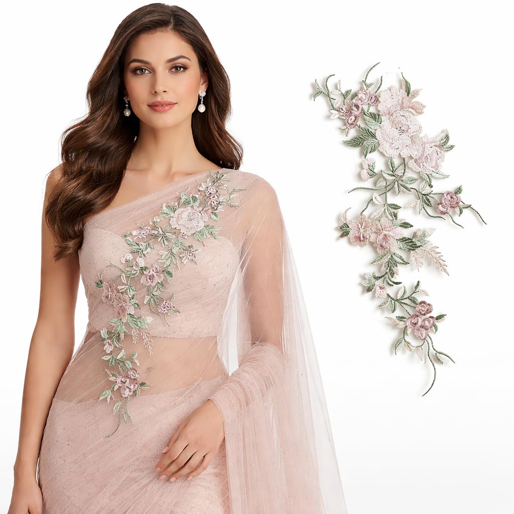 S.A.V.I Soft Blush Pink & Pastel Green Floral Embroidered Sew On Appliqué Patch 21 x 50 cm | Net Thread Work | Vertical Vine Design for Bridal Gowns, Sarees & Evening (Green)