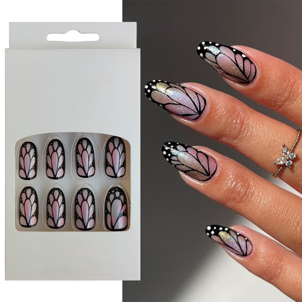 S.A.V.I Chrome Silver  Black Butterfly Print Press-On Nails, 24 PCs, Round Medium, Adhesive  Glue Included