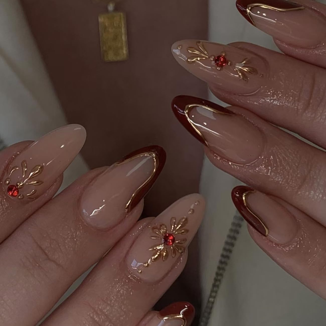 S.A.V.I 24 Pcs Long Almond Press On Nails for Women | Nude & Wine Red Glossy Acrylic False Nails | 3D Gold Chrome Art & Rhinestones | Reusable Stick-On with Glue Tabs