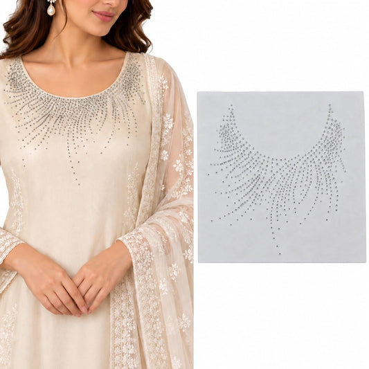 S.A.V.I Rhinestone Iron-On Neckline Patch White Hotfix Applique 22x25cm