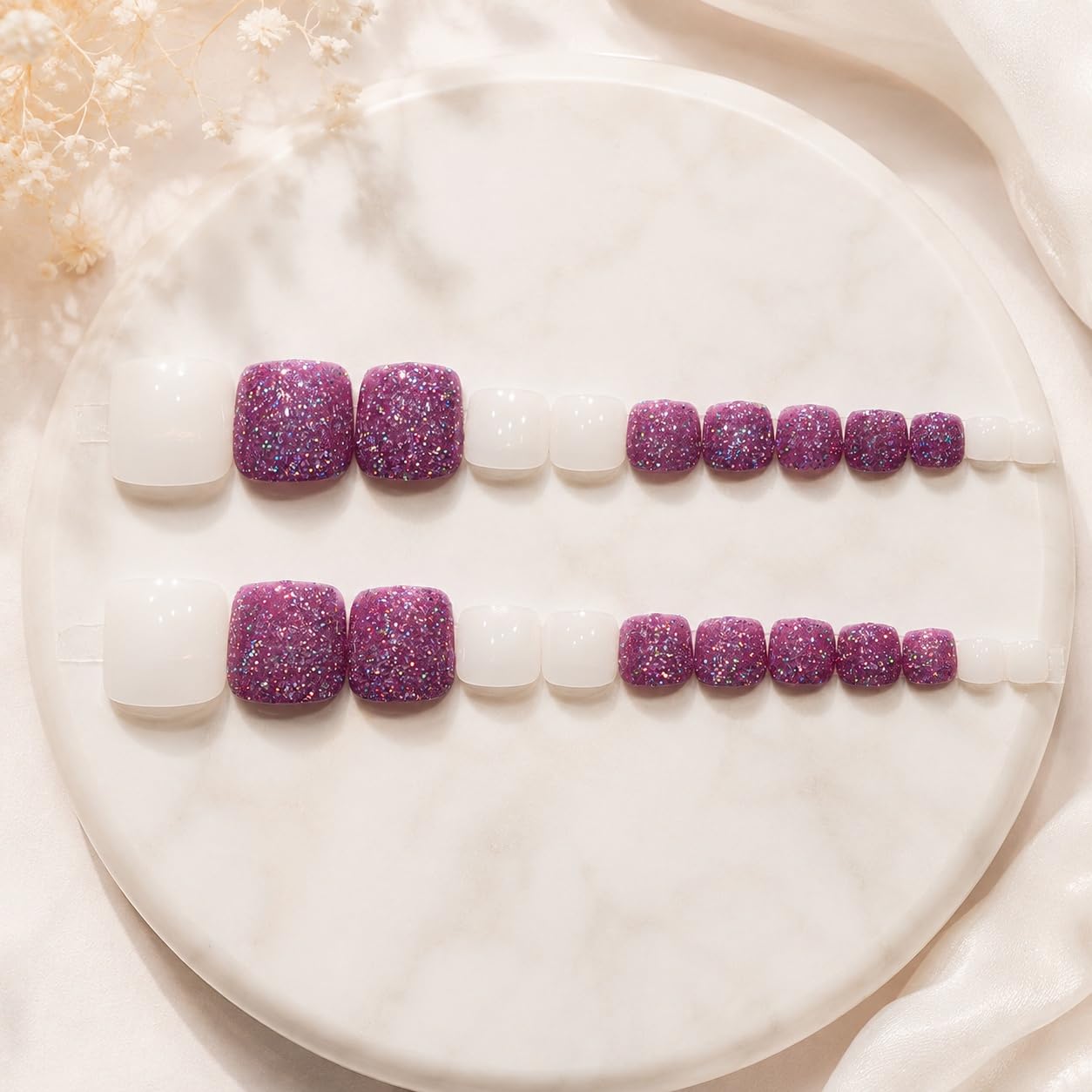 S.A.V.I Press on Toenails 24 Pcs Purple Glitter White Square Tips