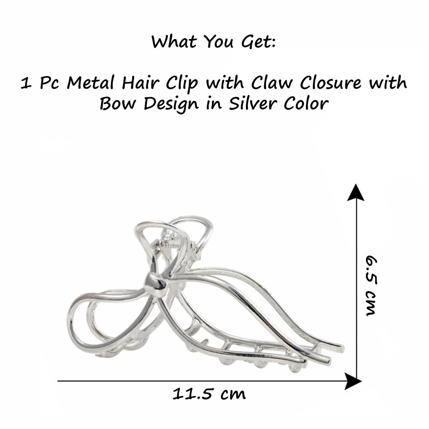 S.A.V.I Silver Metal Bow Hair Claw Clip for Women, 11.5 cm Large Butterfly Design, Strong Hold Non-Slip Jaw for Thick Long Hair, Korean Style Elegant Accessory To Use Daily & For Party