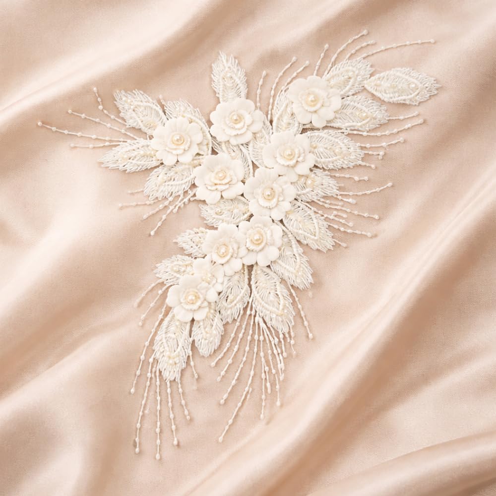 S.A.V.I Ivory White Floral Embroidered Appliqué Patch 29.9 x 38.8 cm | 3D Pearl Beaded Sew-On Net Lace Motif for Saree, Blouse, Gown & Bridal Sewing Decoration (White)