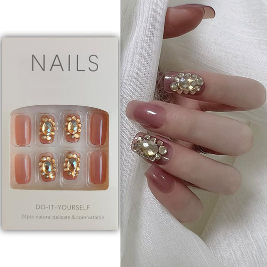 S.A.V.I 24 PCS 3D Rhinestone Medium Square Press-On Nails with Glue  Tape