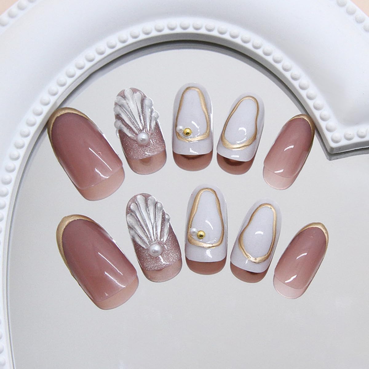S.A.V.I 24 Pcs Medium Length Round Press-On Nails | Nude Brown & White Glossy Finish | 3D Shell Pearl & Gold Foil Design | Reusable Acrylic Fake Nails with Glue & Adhesive Tabs