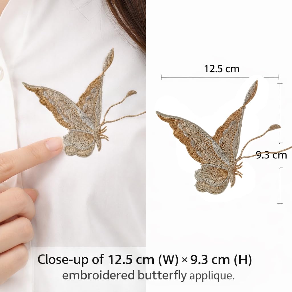 S.A.V.I Khakhi Embroidered Butterfly Applique Patch Pair (Left & Right), Sew-On Fabric Motif 12.5 x 9.3 cm, Thread Work for Dresses, Shirts, Denim & DIY Fashion (Khakhi)