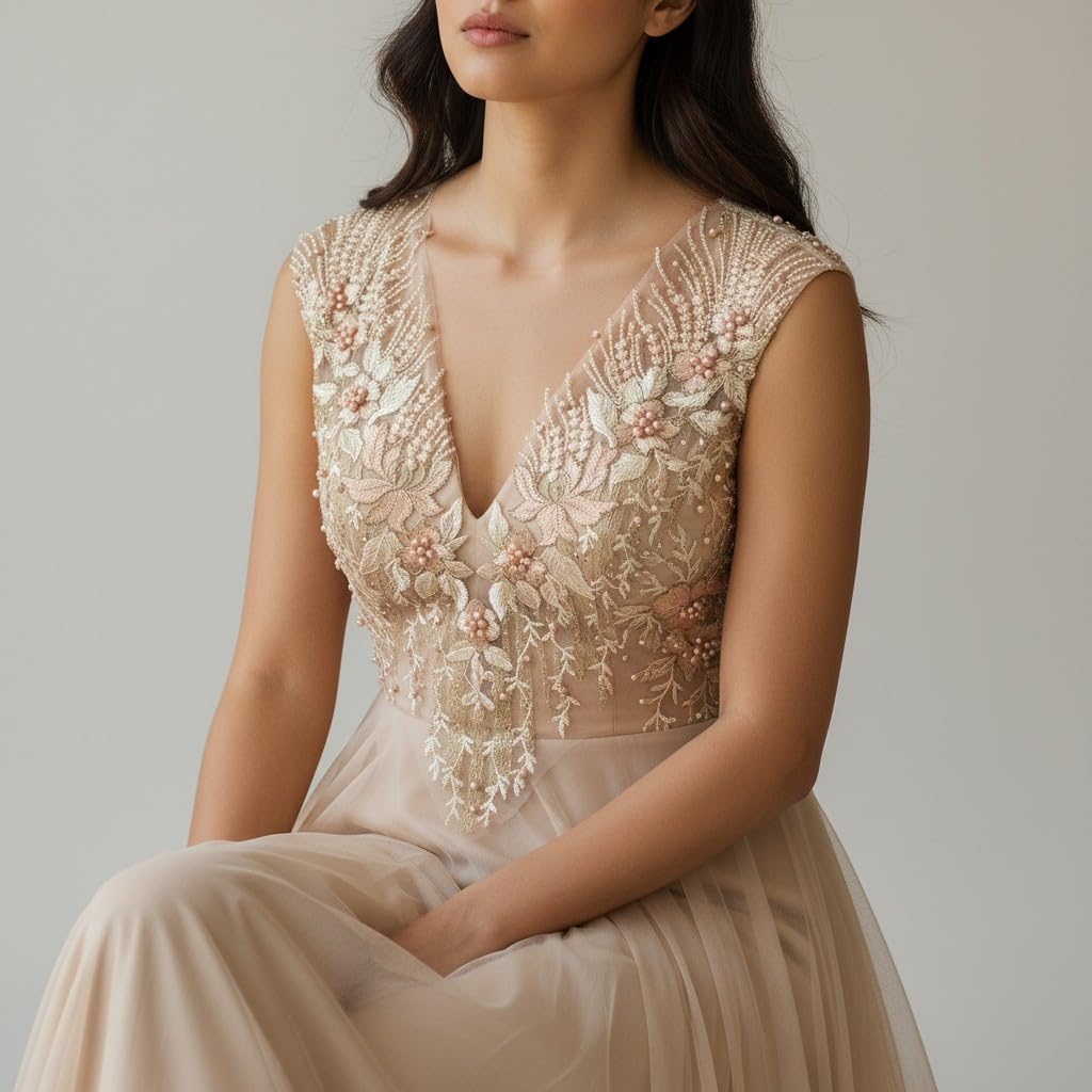 S.A.V.I Peach Apricot Floral Embroidered Applique Patch 28x55 cm, 3D Hand Beaded Pearl Sequin Net Lace V-Neck Front Yoke, Lehenga Gown Bridal Evening (Peach Apricot)
