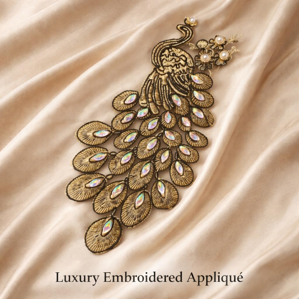 S.A.V.I Gold & Black Peacock Embroidered Sew-On Appliqué Patch 14x30 cm | Zardozi Threadwork with Crystal Stones | Designer Blouse Saree Kurti Gown Decoration (Right, Black & Gold, OneSize)
