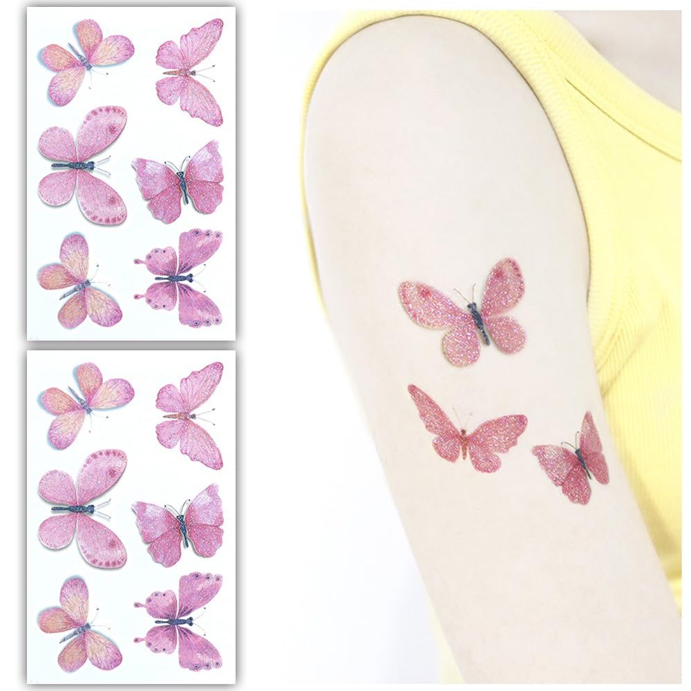S.A.V.I 2pcs Glittery Butterfly Temporary Tattoo Sheets – Pink Glitter Design, Waterproof, Skin-Safe, Easy to Apply, 12cm x 7.5cm, Ideal for Kids, Parties, Festivals  Fashion
