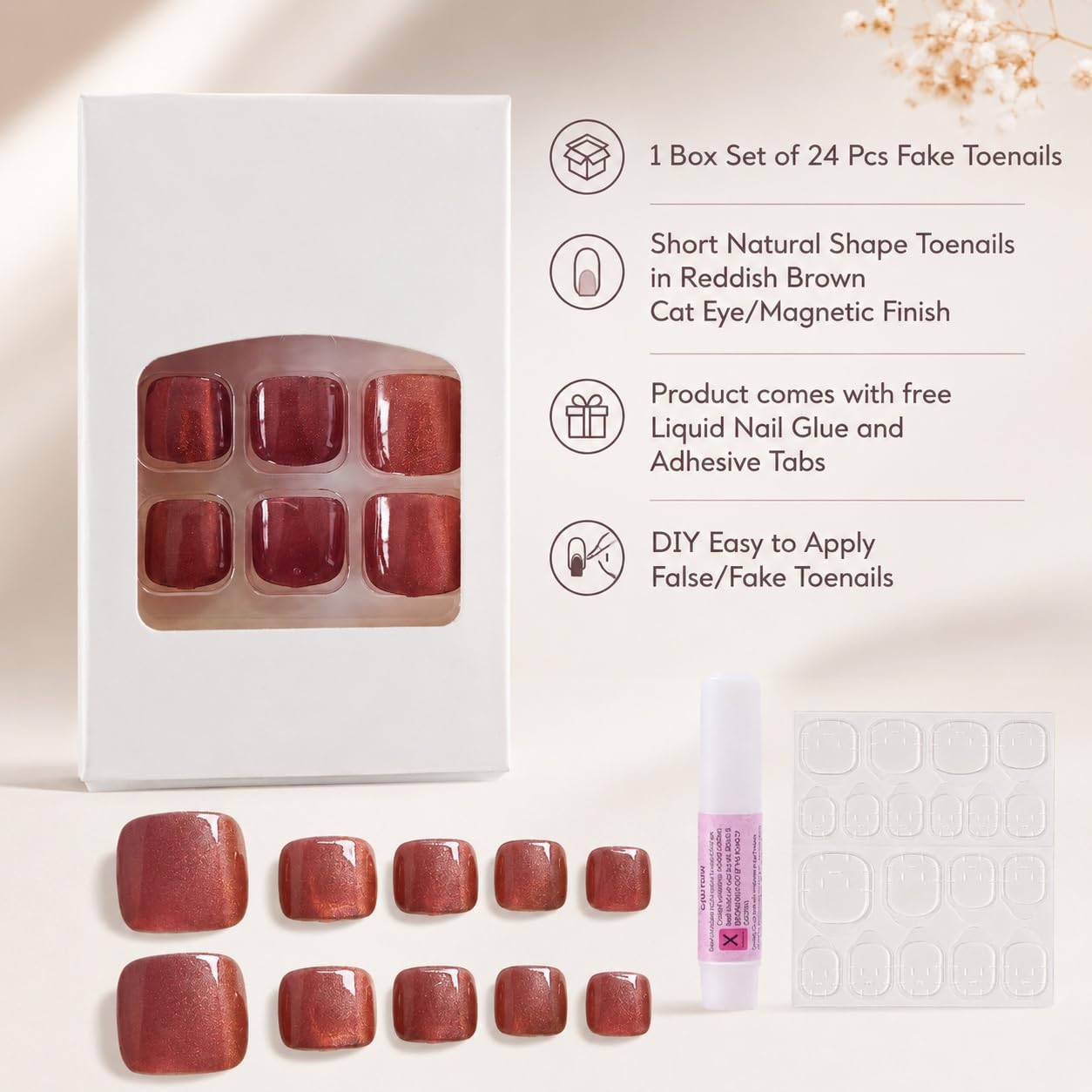 S.A.V.I Press on Toenails 24 Pcs Reddish Brown Cat Eye Short Square | Shimmer Finish with Glue & Adhesive Tabs, Natural Fit DIY Pedicure for Women, Durable Glossy Wear