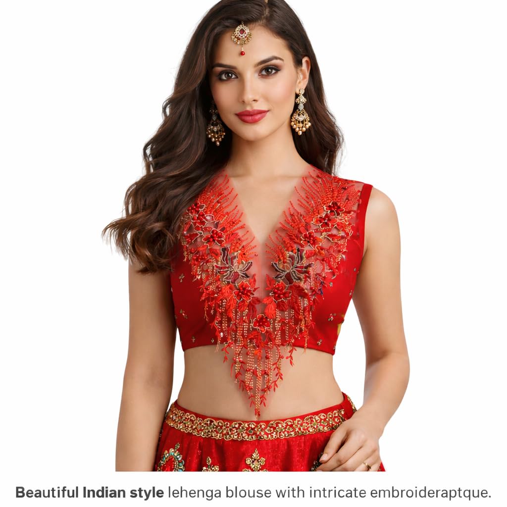 S.A.V.I Red Floral Embroidered Net Applique Patch 28 x 55 cm | V-Neck Lace Motif with Beads & Thread Work for Bridal Lehenga Gown Blouse Decoration (Red)