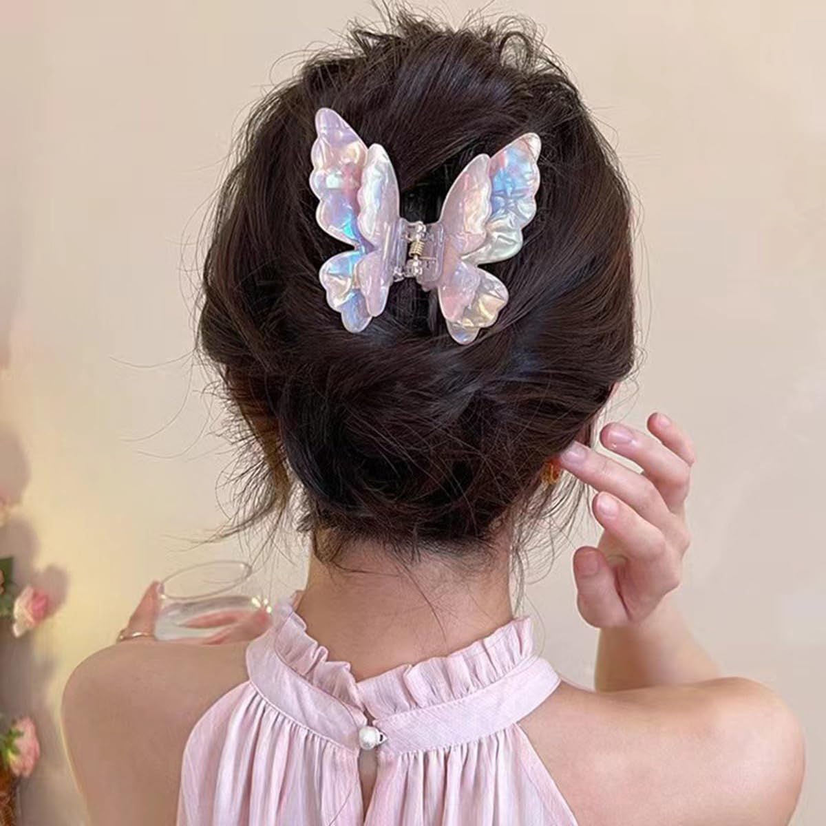 S.A.V.I Butterfly Hair Claw Clip for Women & Girls | Iridescent Mermaid Pink Acrylic Hair Clutch 7.5 cm | Strong Hold Jaw Clip | Korean Style Elegant Hair Accessory for Daily & Party