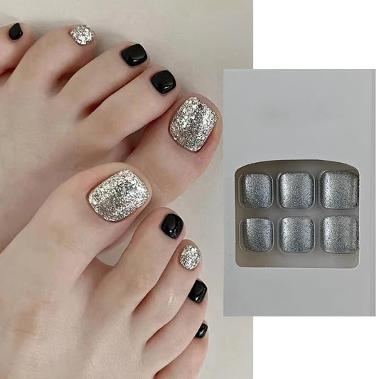 S.A.V.I 24 PCs Short Natural Shape Gold Glitter and Black Press-on Toe Nails | DIY Pedicure Fake Nails Set | Easy Application  Long-Lasting | Perfect for Parties Online at Low Prices in India