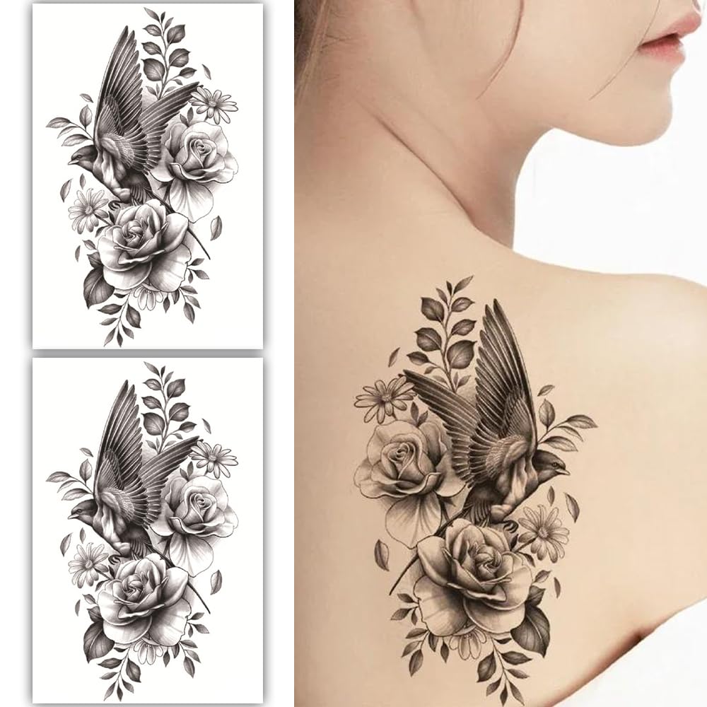 S.A.V.I 2 Sheets Black Temporary Tattoos for Women - 19x12cm Floral  Bird Design, Waterproof  Long-Lasting Body Art Stickers for Shoulder, Back, Arm - Easy Application  Removal