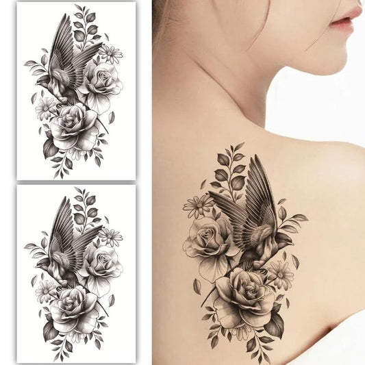 S.A.V.I 2 Sheets Black Temporary Tattoos for Women - 19x12cm Floral  Bird Design, Waterproof  Long-Lasting Body Art Stickers for Shoulder, Back, Arm - Easy Application  Removal