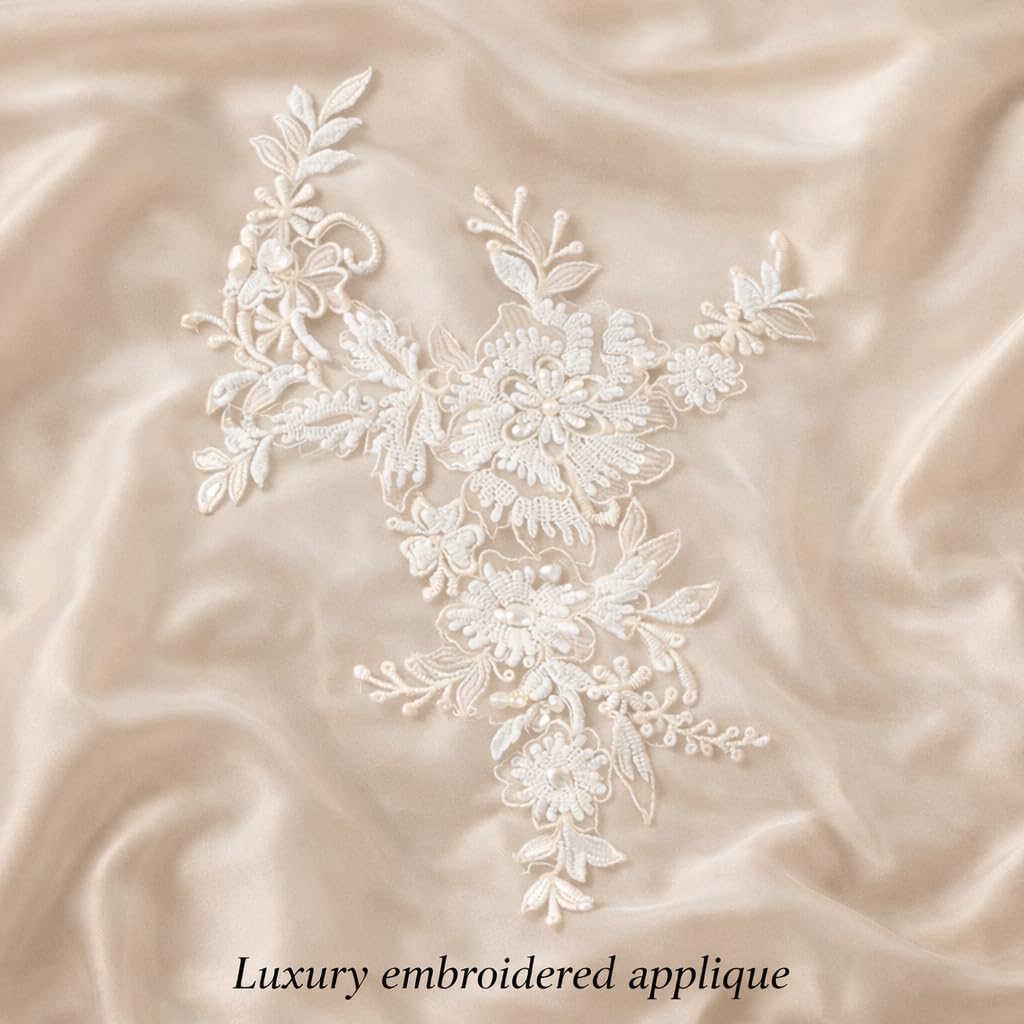 S.A.V.I White Floral Embroidered Lace Applique Patch 25 x 29 cm | Sew-On Net Fabric with Pearl Work | Bridal & Evening Gowns Motif for Sarees, Kurtis (White)