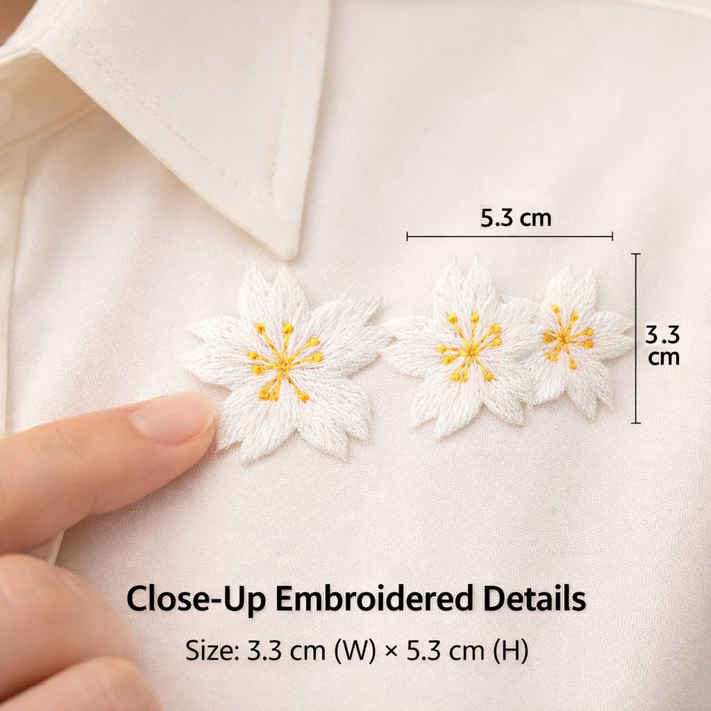 S.A.V.I White Floral Embroidered Iron-On Appliqué Patch, Double Cherry Blossom Design, Soft Thread Work for Dresses, Blouses, Lehengas & DIY Crafts, 5.3 x 3.3 cm (White)