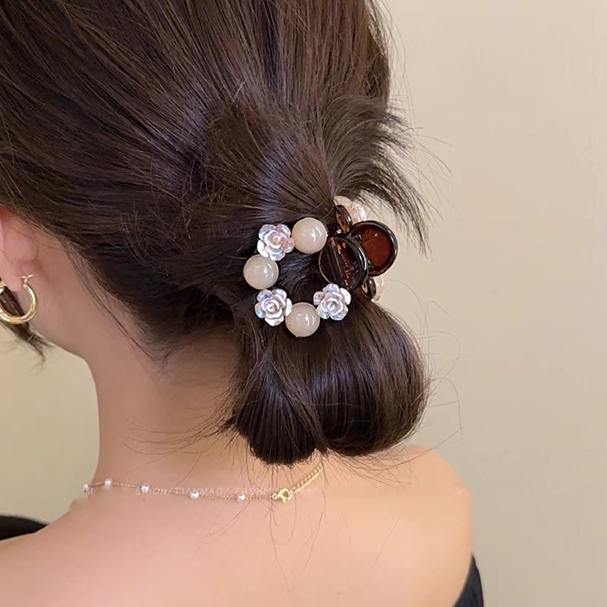 S.A.V.I Beige Small Hair Claw Clip 4cm | Round Acrylic Clutcher with Rose Flower & Bead Decor | Strong Hold Mini Hair Clip for Girls & Women