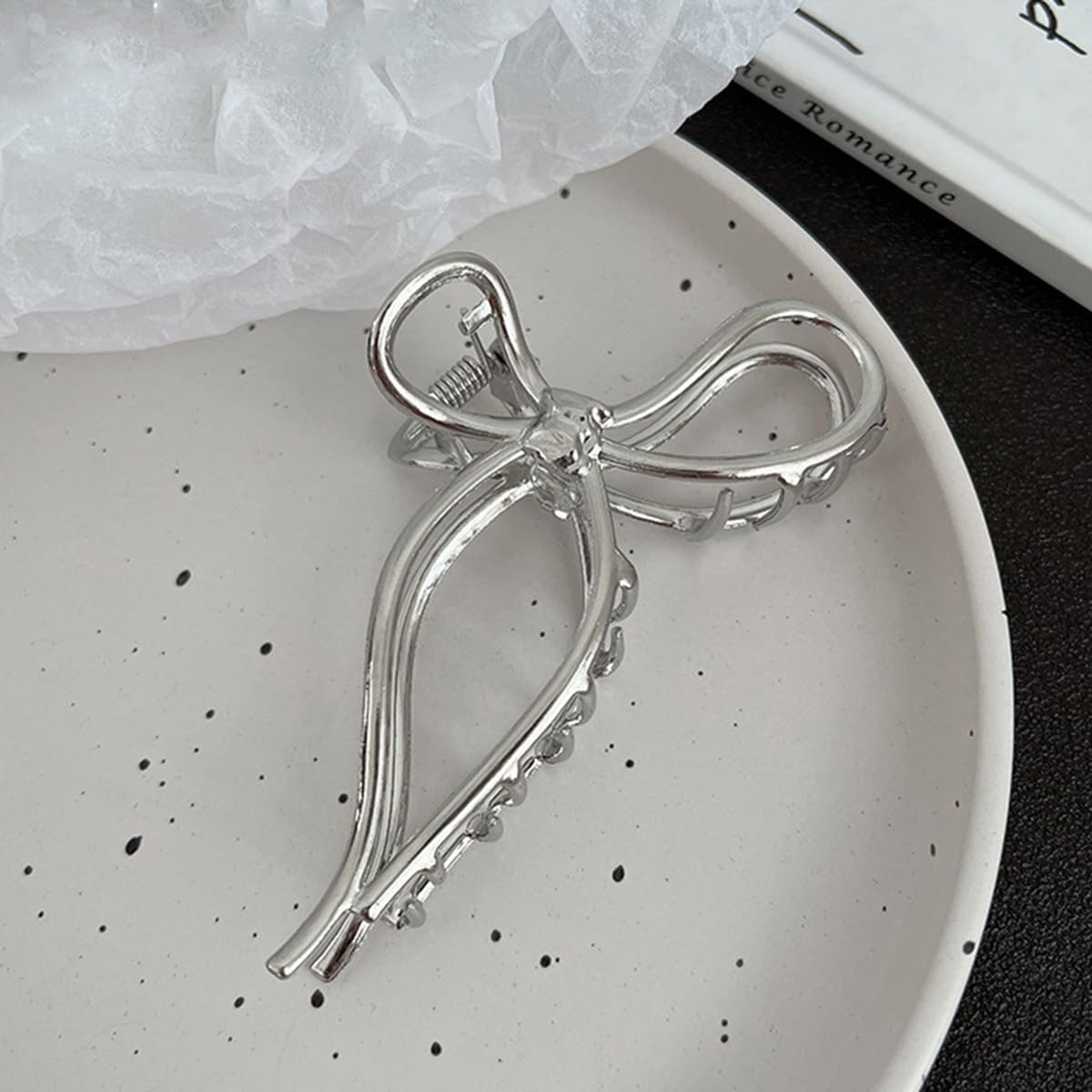 S.A.V.I Silver Metal Bow Hair Claw Clip for Women, 11.5 cm Large Butterfly Design, Strong Hold Non-Slip Jaw for Thick Long Hair, Korean Style Elegant Accessory To Use Daily & For Party