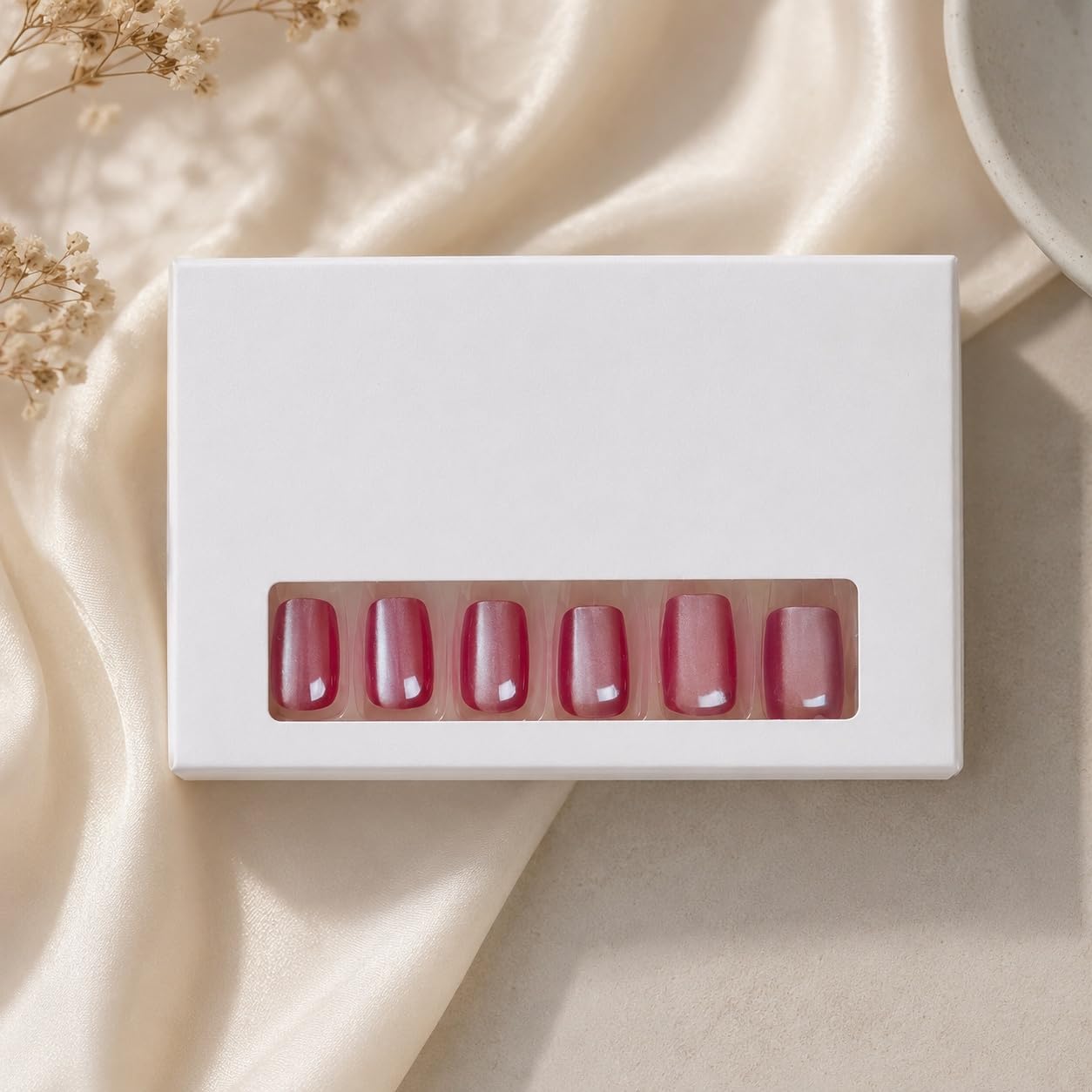 S.A.V.I Press on Nails Dark Wine Medium Square Cat Eye 24 Pcs