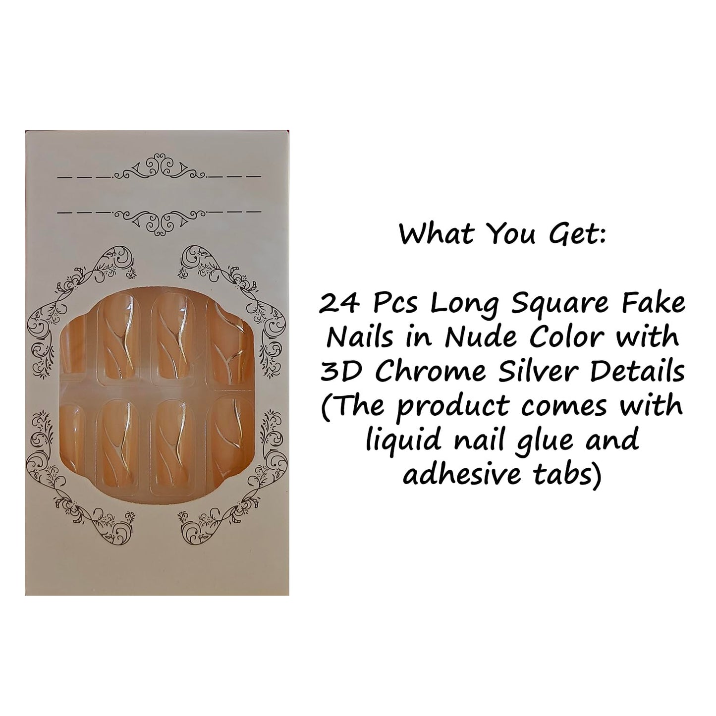 S.A.V.I 24 Pcs Long Square Press On Nails for Women | Glossy Nude Finish with 3D Silver Chrome Wave Design | Reusable Acrylic False Nails Set with Glue & Adhesive Tabs