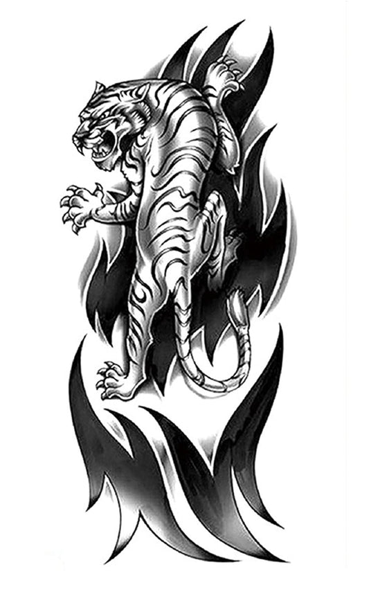 S.A.V.I Temporary Tattoo Stickers, Black Angry Roaring Tiger Pattern For Men, Women, Tattoo For Hand Arm, Size 21x11cm - 1Pc.