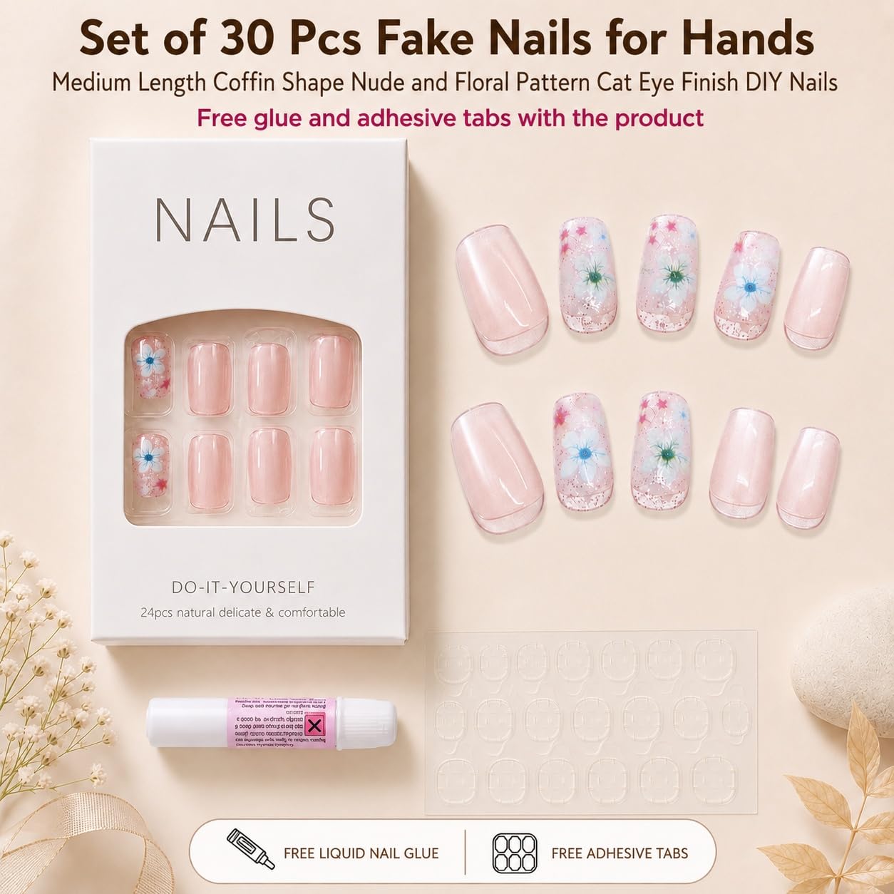 S.A.V.I Press on Nails Nude Pink Floral Cat Eye Medium Coffin 30 Pcs | Reusable Gloss Finish False Tips with Glue & Adhesive Tabs, Pink Daisy Design, DIY Manicure for Women